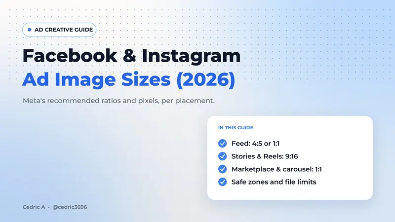Cover reading Facebook & Instagram Ad Image Sizes (2026), with a checklist of feed, Stories, Reels, Marketplace and carousel sizes
