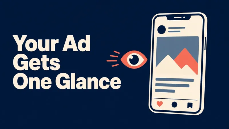 Illustration of an eye looking at a phone that shows a social post, next to the words Your Ad Gets One Glance